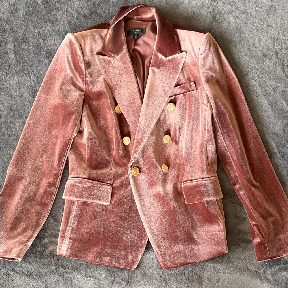 Tahari ASL Pink Velvet Blazer with Gold Buttons